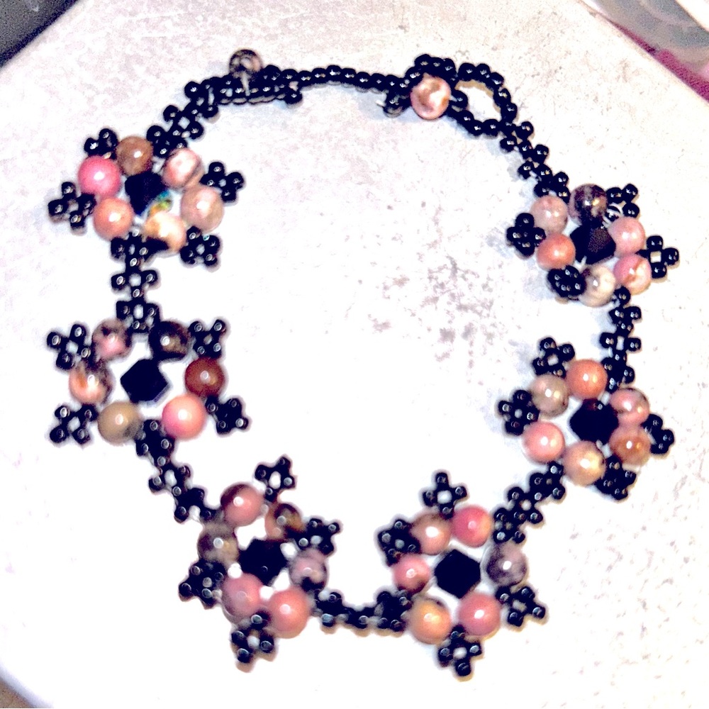 Rhodochrosite and Crystal Bead Woven Bracelet